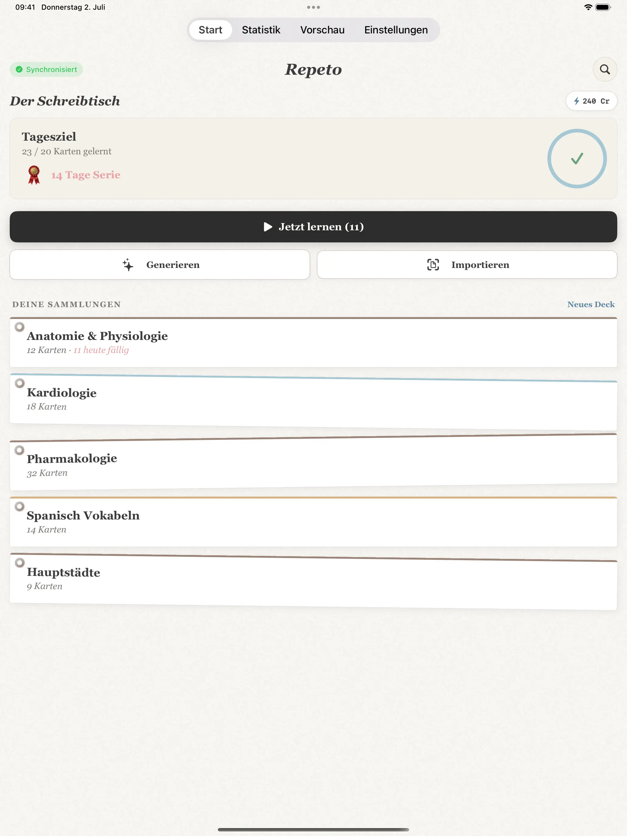 Repeto läuft auf iPhone und iPad mit echtem iPad-Layout, und ein Widget bringt deine Wiederholungen auf den Home- und Sperrbildschirm.