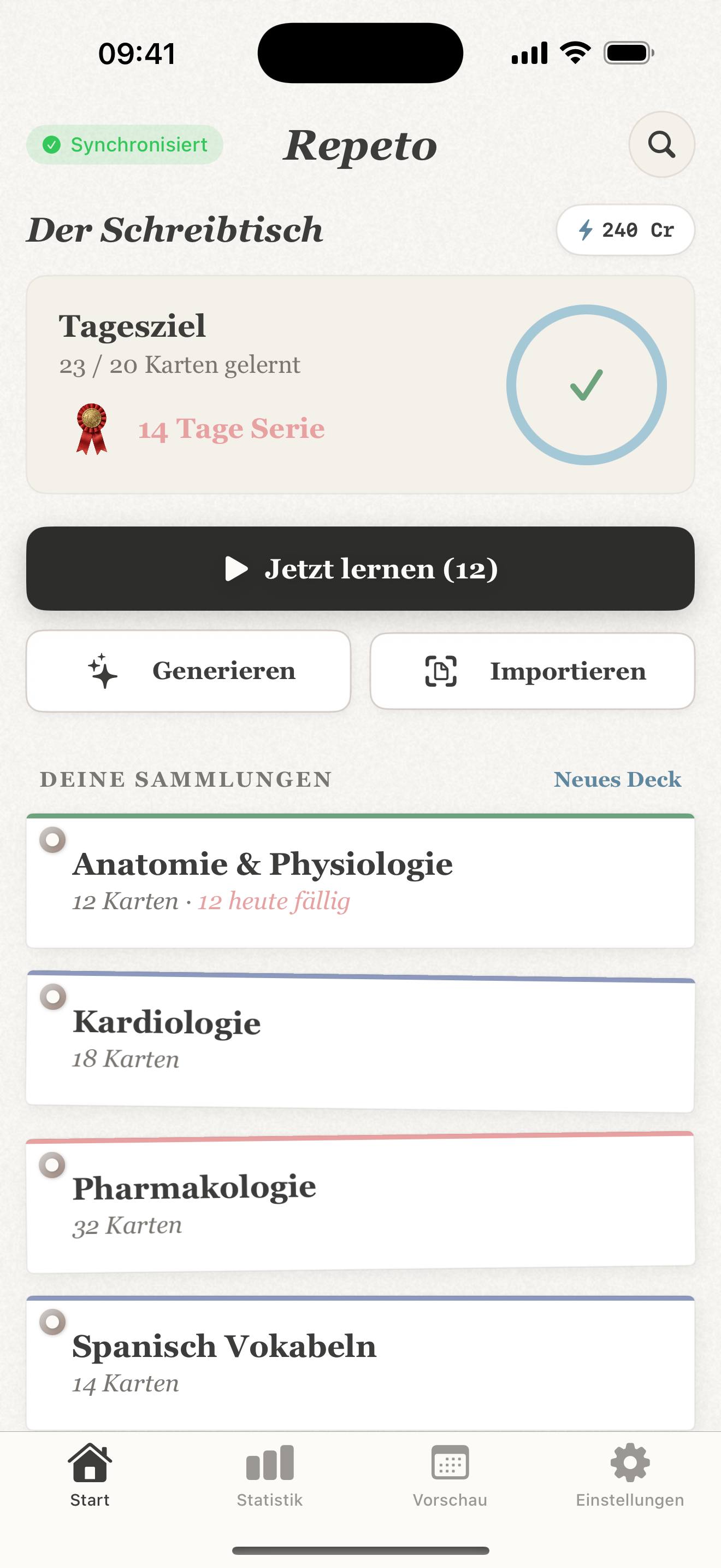 Repeto-Startbildschirm auf dem iPhone: Tagesziel, 14-Tage-Lernserie und Kartensammlungen wie Anatomie und Kardiologie