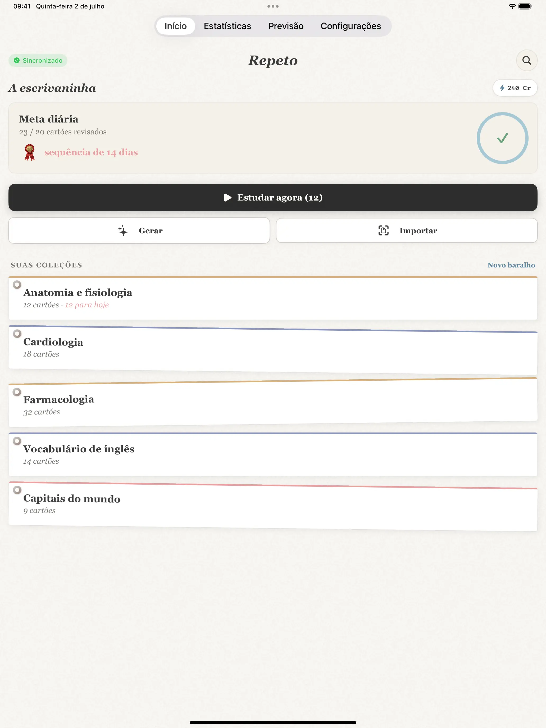 O Repeto roda no iPhone e no iPad com layout real de iPad, e um widget leva suas revisões para a tela de início e de bloqueio.