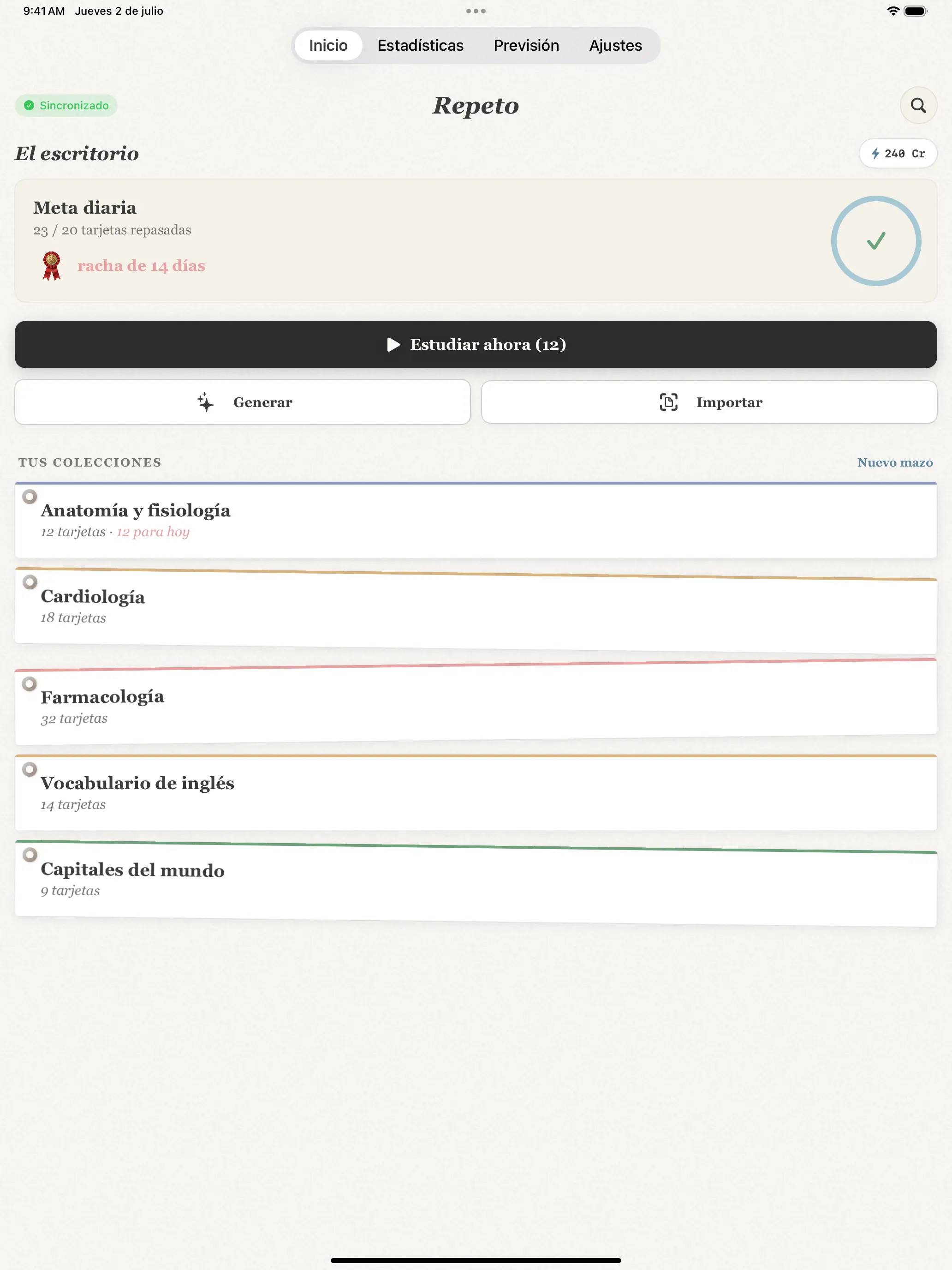 Repeto funciona en iPhone y iPad con un diseño real de iPad, y un widget lleva tus repasos a la pantalla de inicio y de bloqueo.