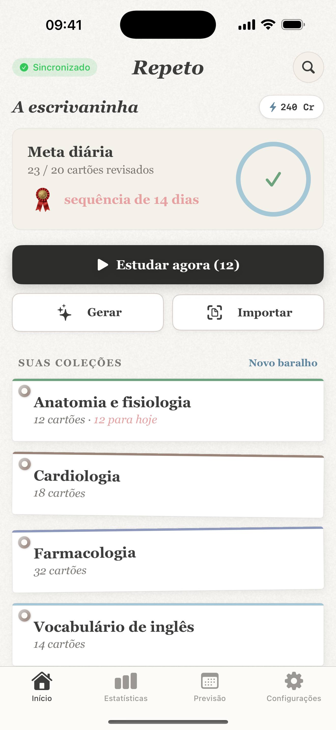 Tela inicial do Repeto no iPhone: meta diária, sequência de 14 dias e coleções de cartões como anatomia e cardiologia