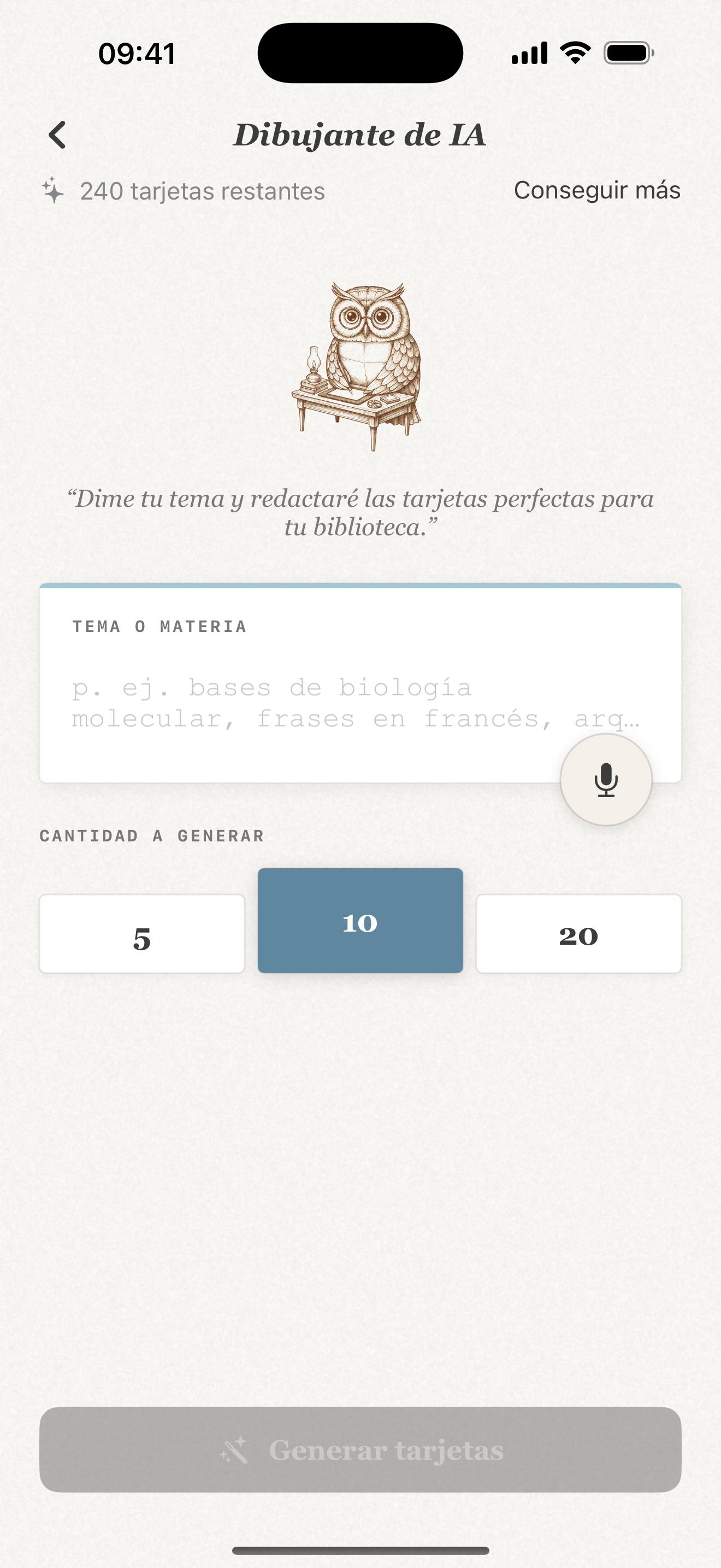 Generación de tarjetas con IA en Repeto para iPhone, con el búho mascota, campo de tema y selección de cantidad