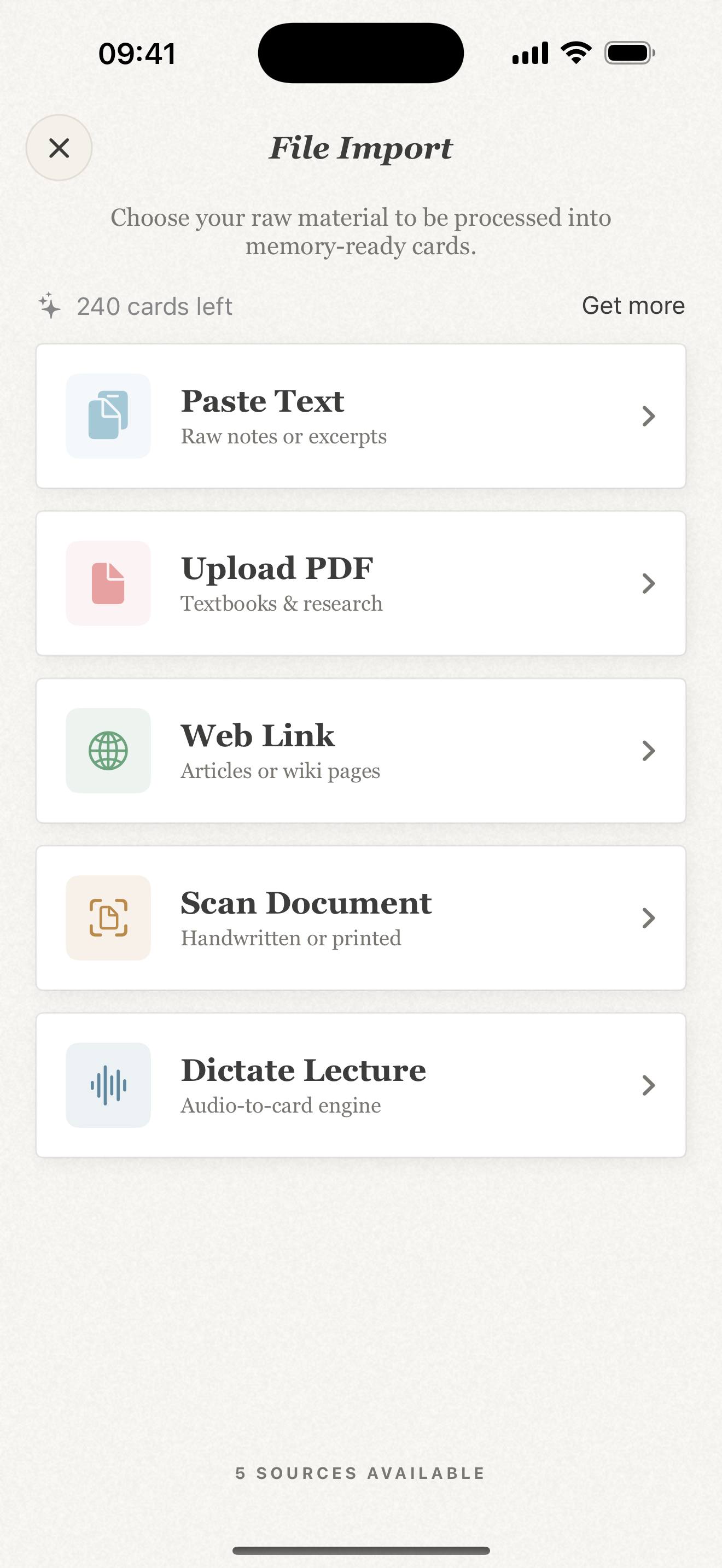 Repeto import screen on iPhone listing sources: PDF, scan, web link, text and dictation