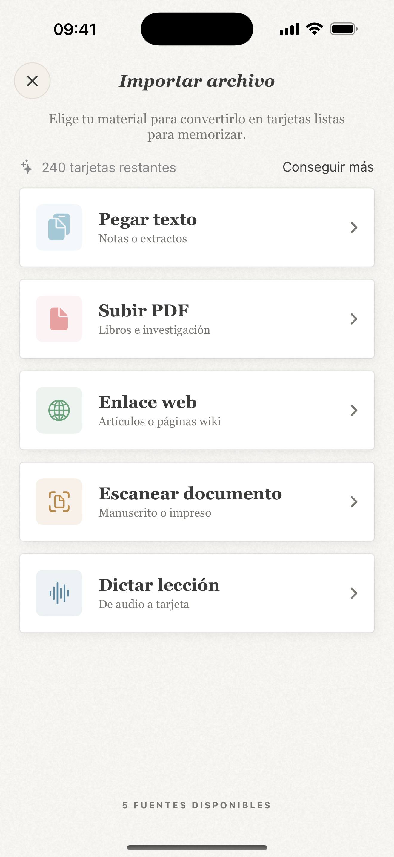 Pantalla de importación de Repeto en iPhone con las fuentes PDF, escaneo, enlace web, texto y dictado