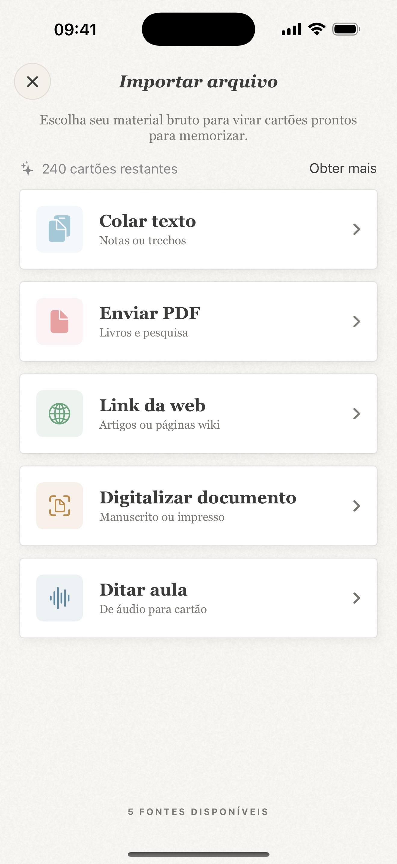 Tela de importação do Repeto no iPhone com as fontes PDF, escaneamento, link, texto e ditado
