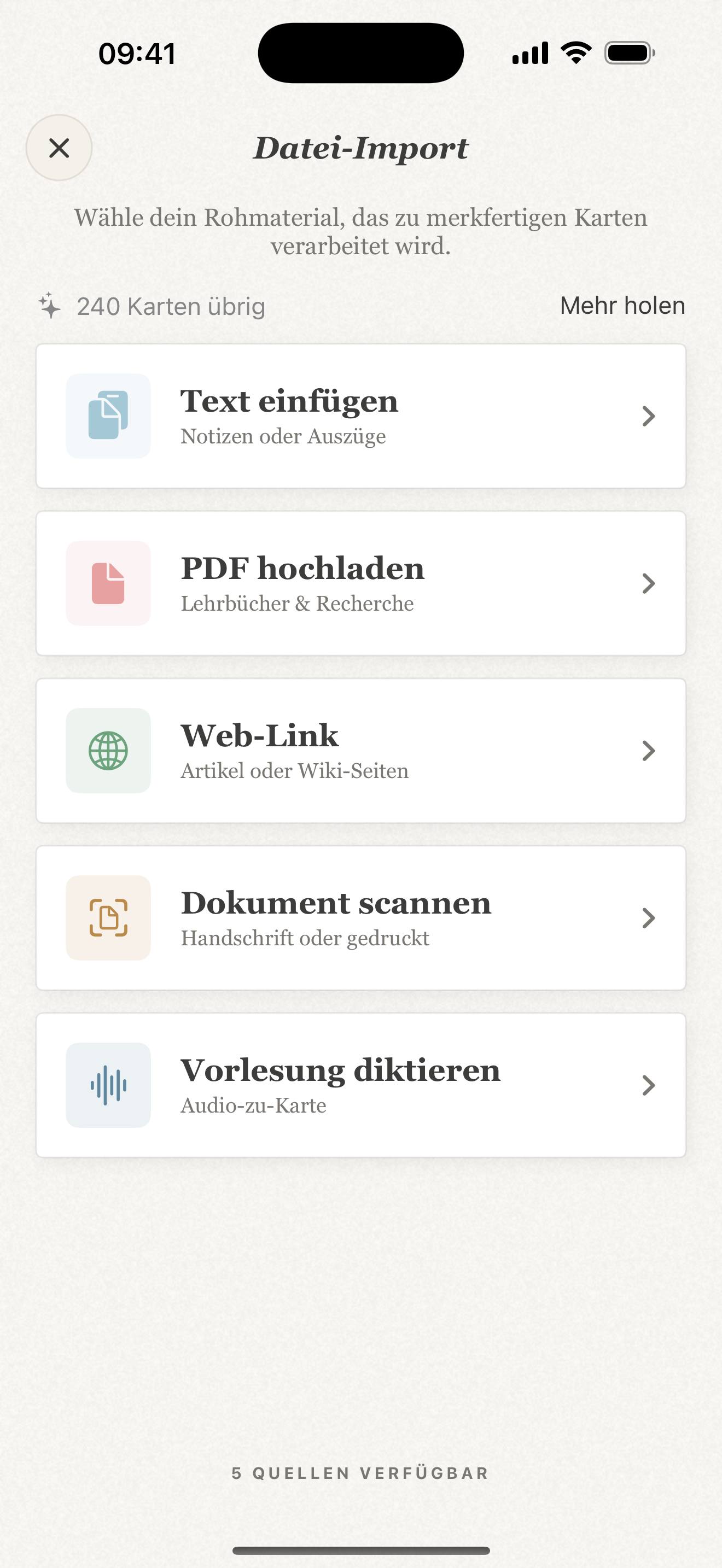 Repeto-Import auf dem iPhone mit den Quellen PDF, Scan, Web-Link, Text und Diktat