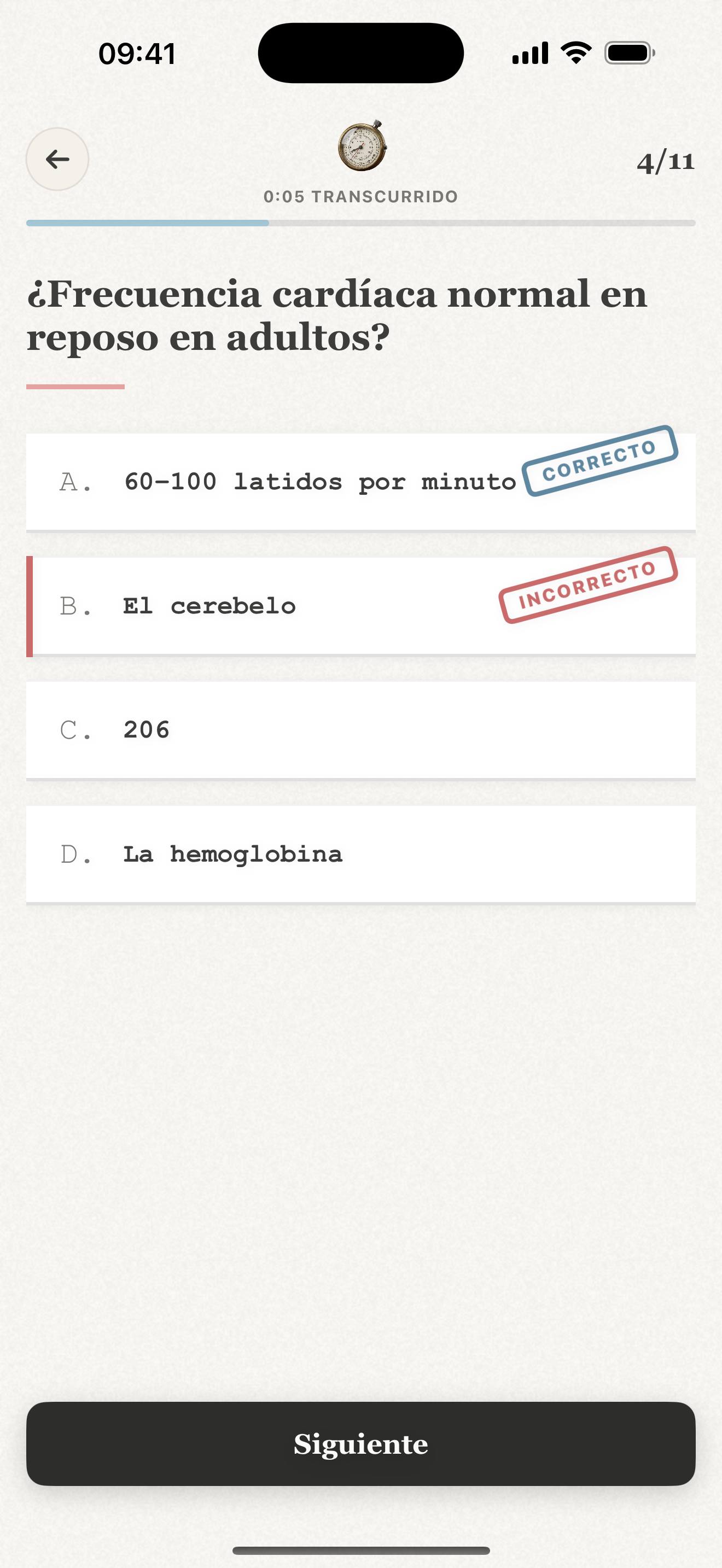 Modo examen de Repeto en iPhone: pregunta de opción múltiple con corrección inmediata