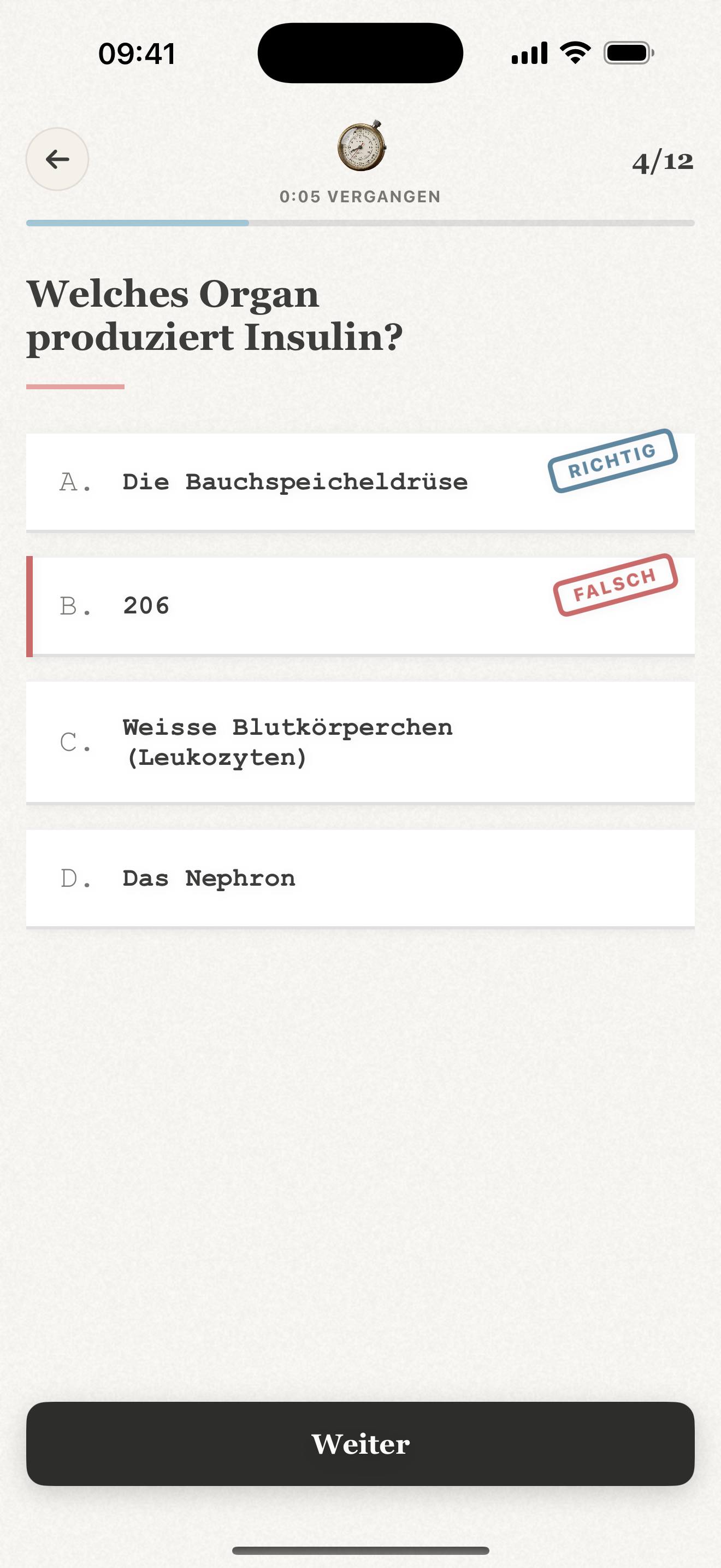 Repeto-Prüfungsmodus auf dem iPhone: Multiple-Choice-Frage mit Sofort-Korrektur