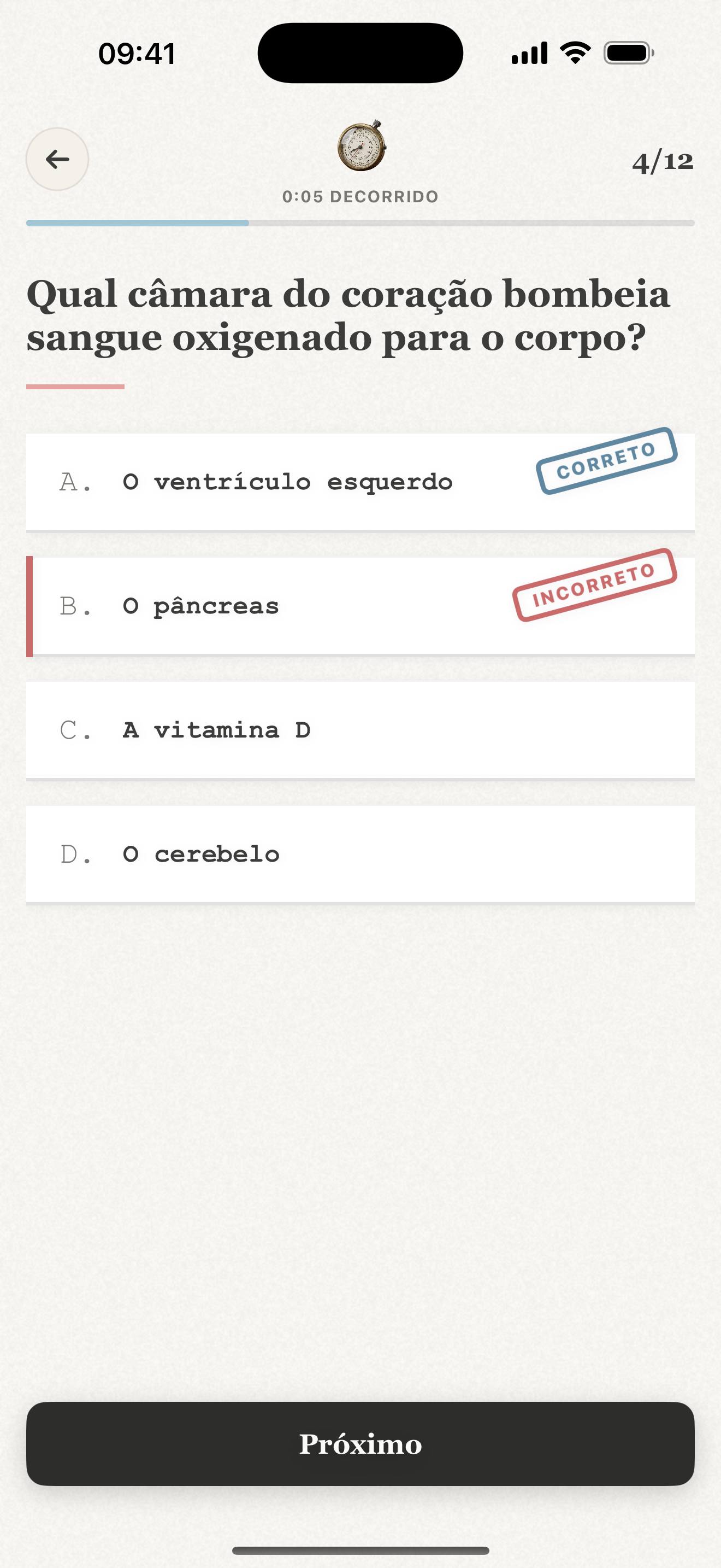 Modo prova do Repeto no iPhone: questão de múltipla escolha com correção imediata