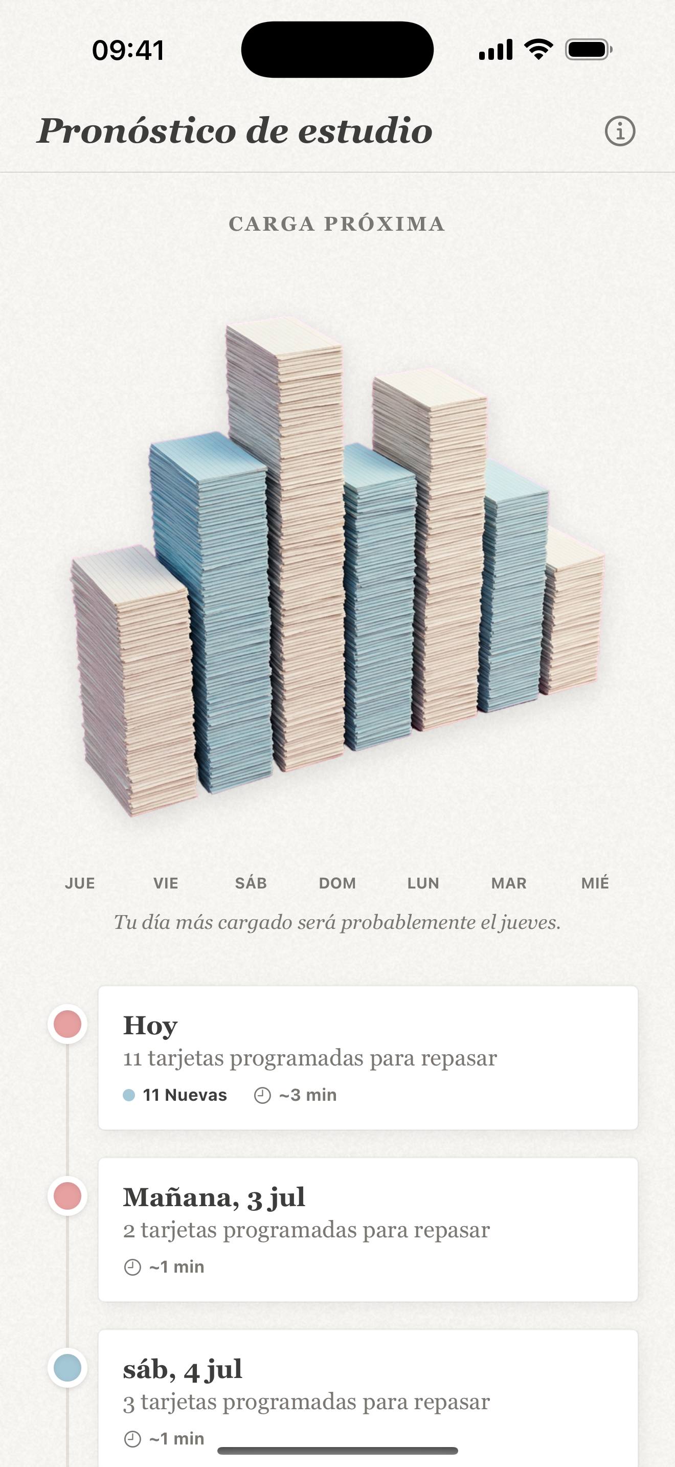 Pronóstico de Repeto en iPhone: próximos repasos repartidos a lo largo de la semana