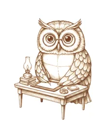 The Repeto owl mascot, drawn in vintage engraving style, writing flashcards at a small desk
