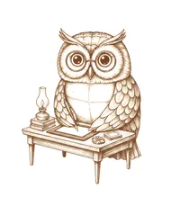 The Repeto owl mascot, drawn in vintage engraving style, writing flashcards at a small desk